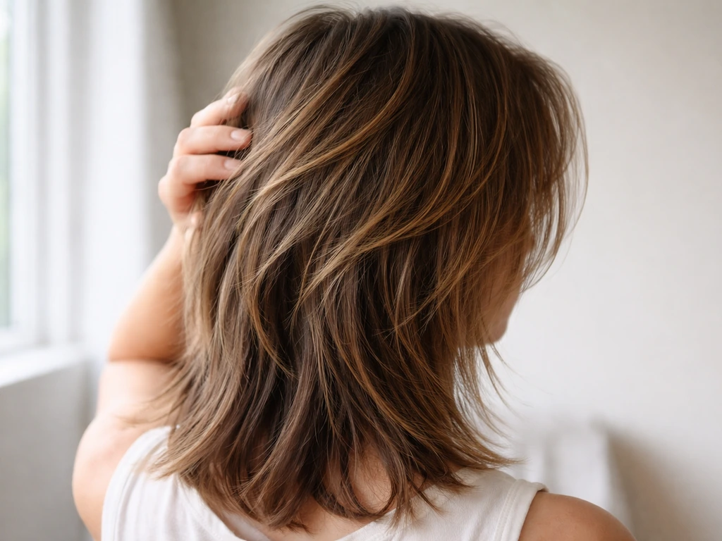 Close-up of a person’s hair showing longer outer layers and shorter inner strands mid grow-out