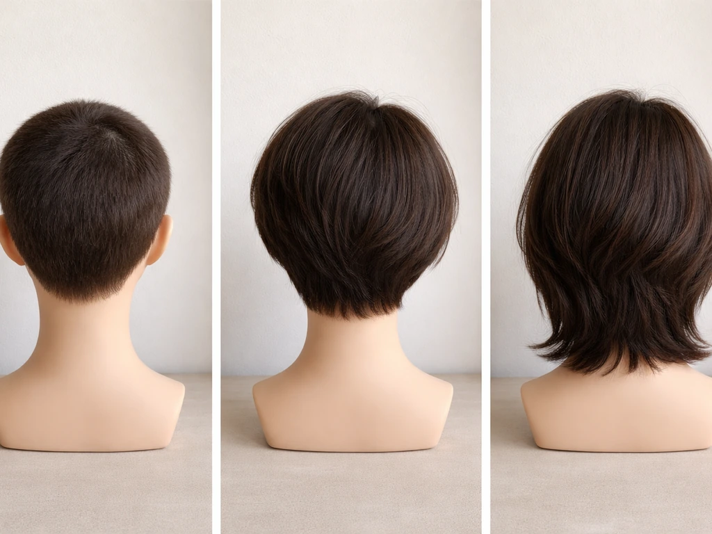 Side-by-side photos of a short pixie, growing bob, and longer layered style on a mannequin head.