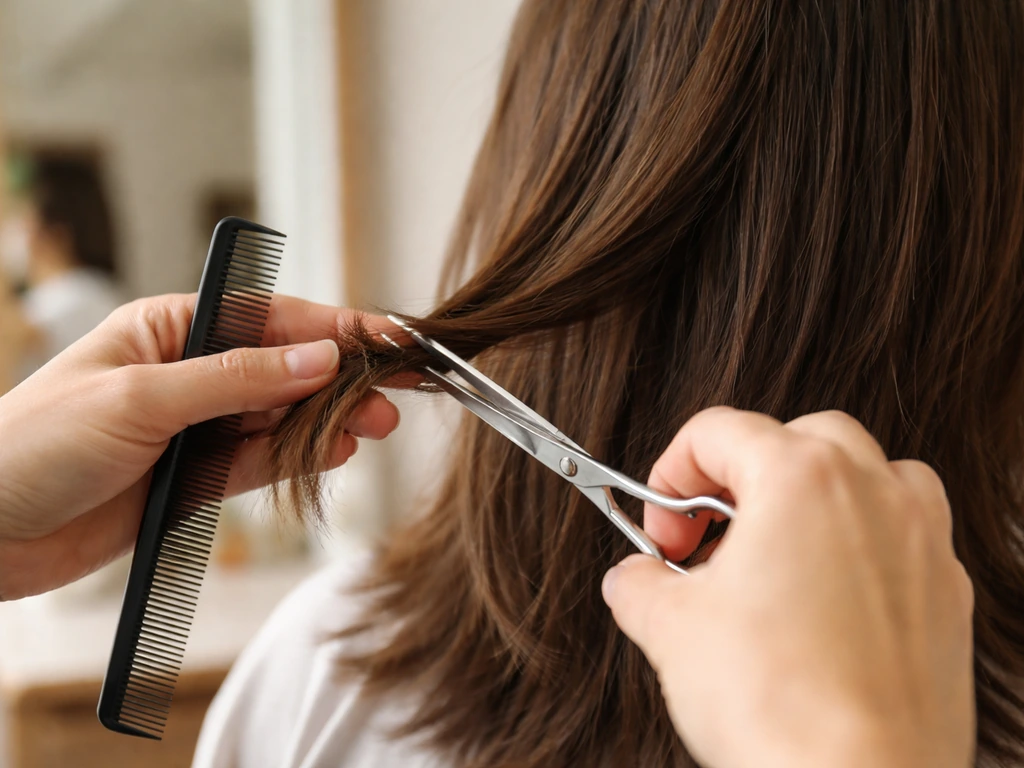 Hair stylist’s hands trimming hair with scissors and comb to blend two layer lengths.