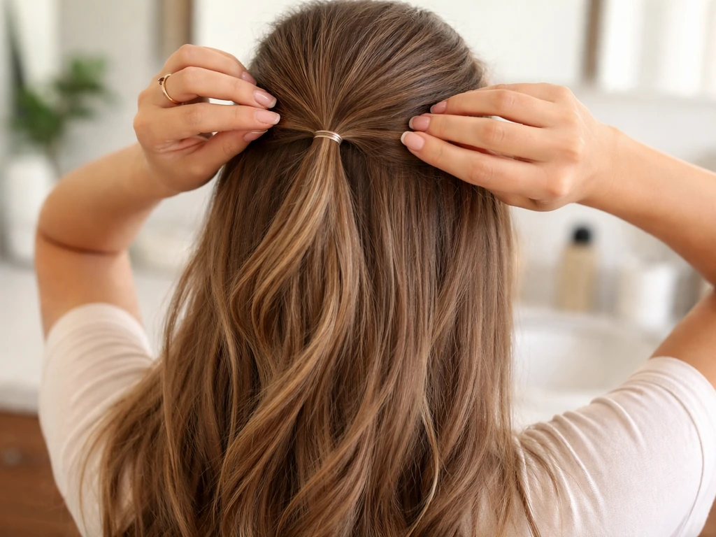 Hands secure a half-up ponytail, tucking away face-framing layers, with hair falling naturally