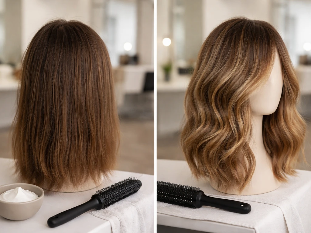 Minimal salon photo with a mannequin showing dull hair transformed into a vibrant styled look.