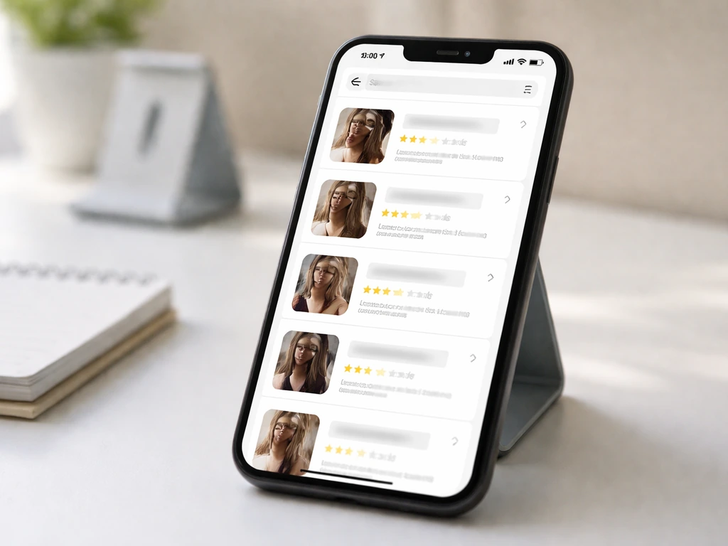Angled smartphone on a desk showing generic local “near me” hair service results screenshot-style.