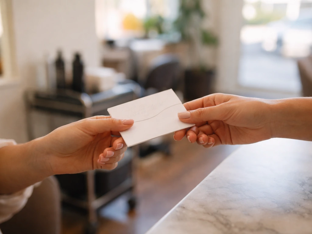 Anonymous salon client handing an unreadable thank-you note to a friend on a counter