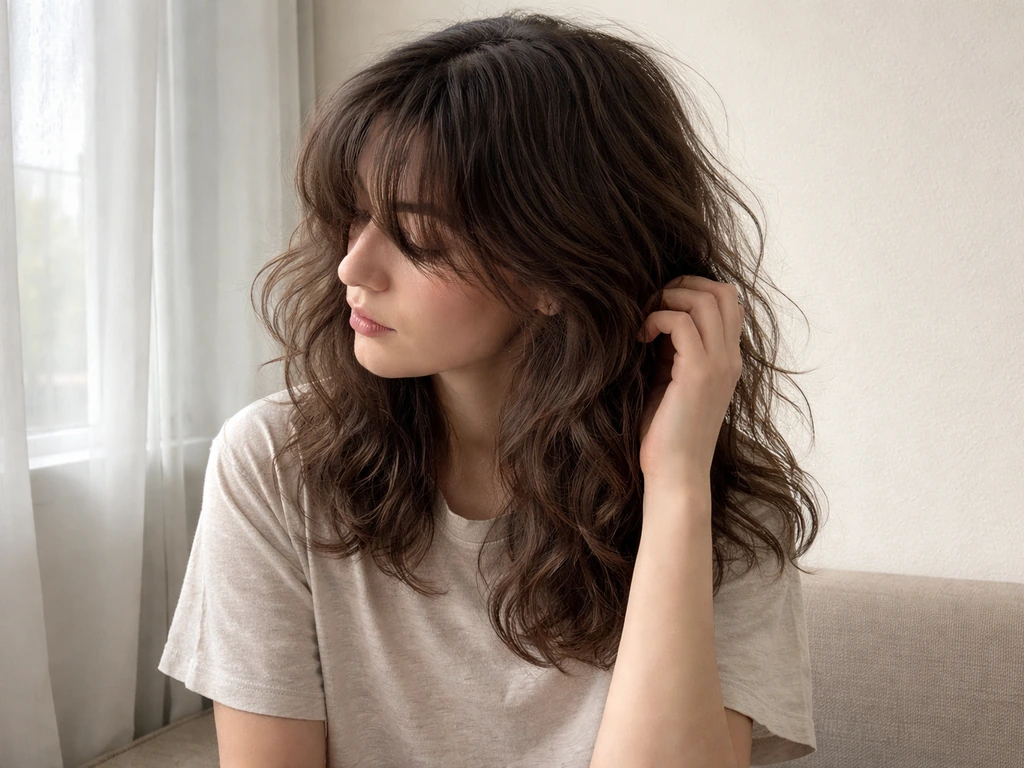 Adult with naturally wavy hippie hair at mid-back length, volume, and curtain fringe in soft window light.
