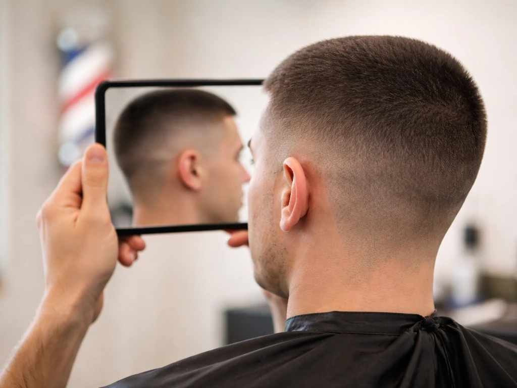 Anonymous client holds a mirror showing a short buzz/crop haircut for length assessment