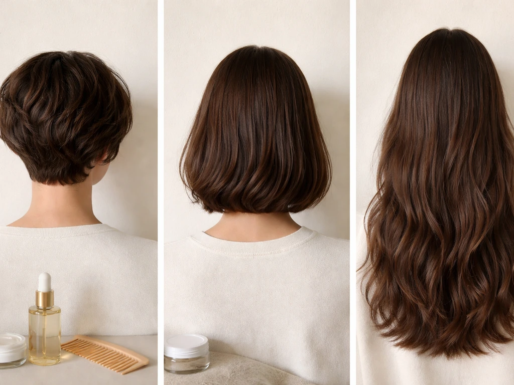 Minimal hair-care collage showing three hair lengths in soft natural lighting