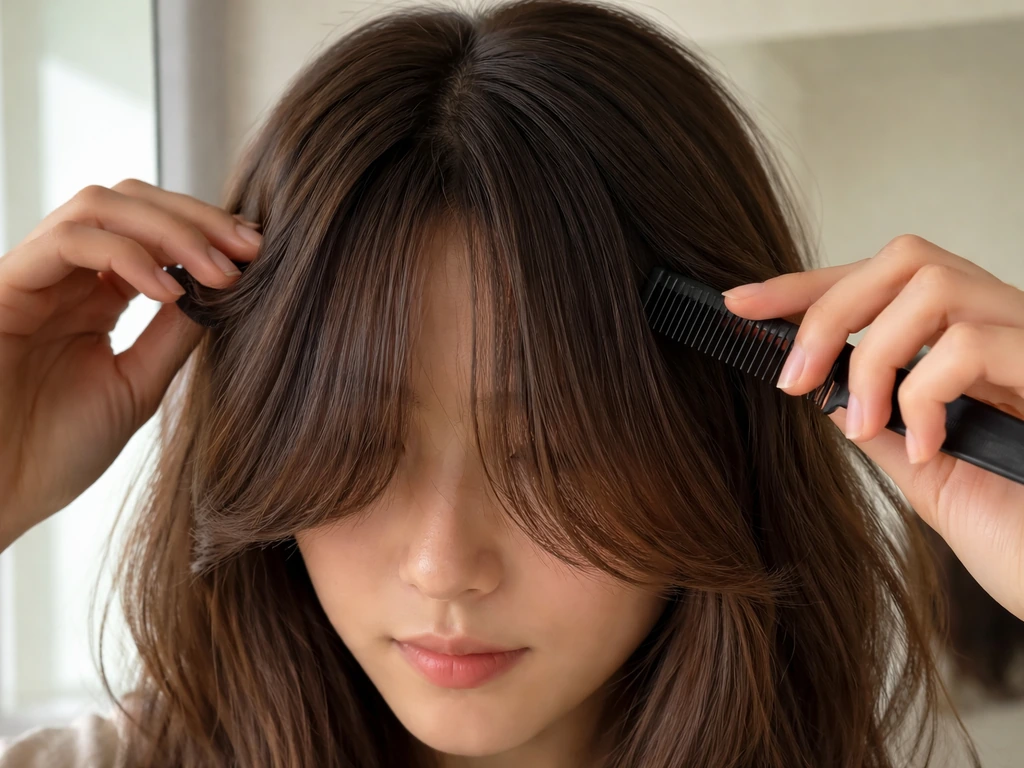 Close-up of a person sectioning curtain bangs to show different fringe lengths framing the face.