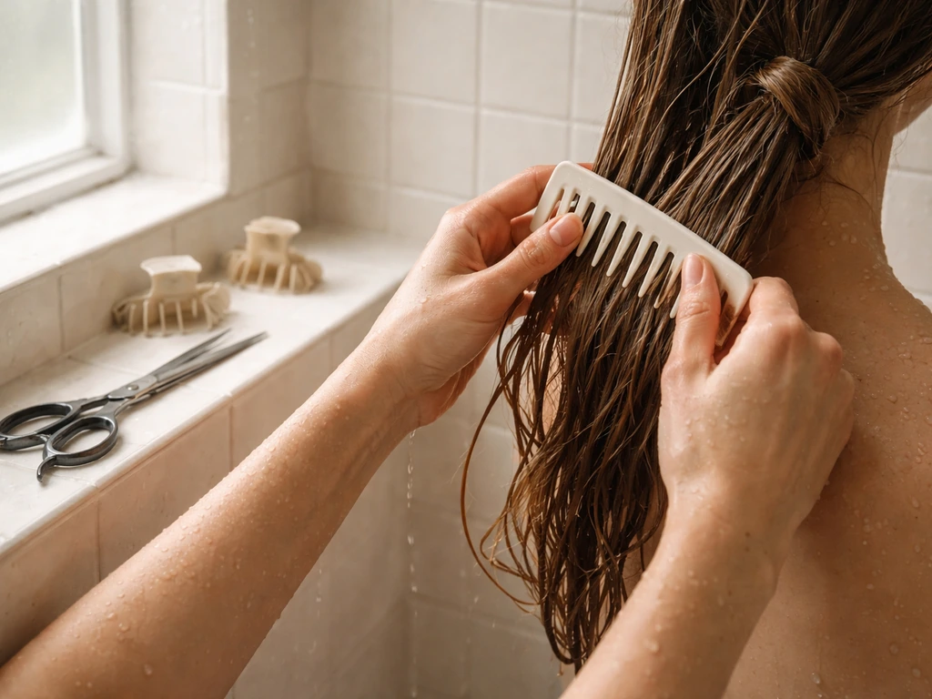 Hands detangling hair in a shower with wide-tooth comb and shears nearby.
