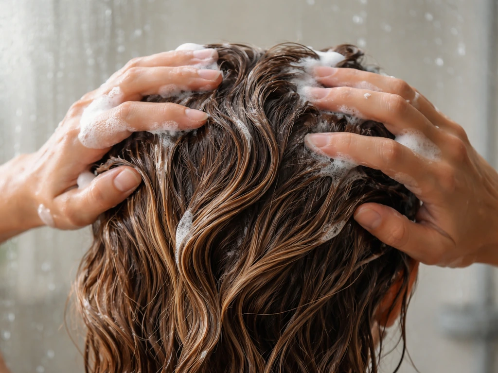 Sulfate-free shampoo massaged into a scalp with glossy color-treated hair, wet and protected
