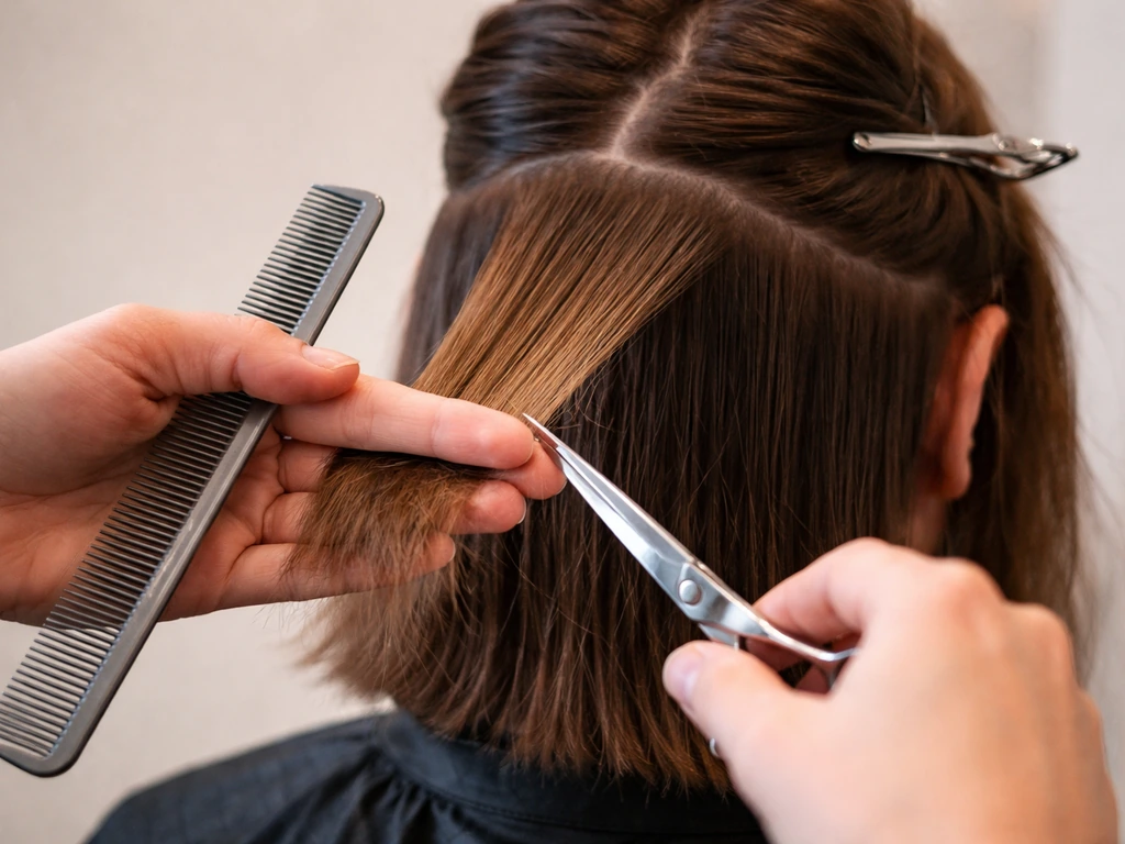 Close-up of scissors and comb trimming small separated hair sections in a minimal salon setting.