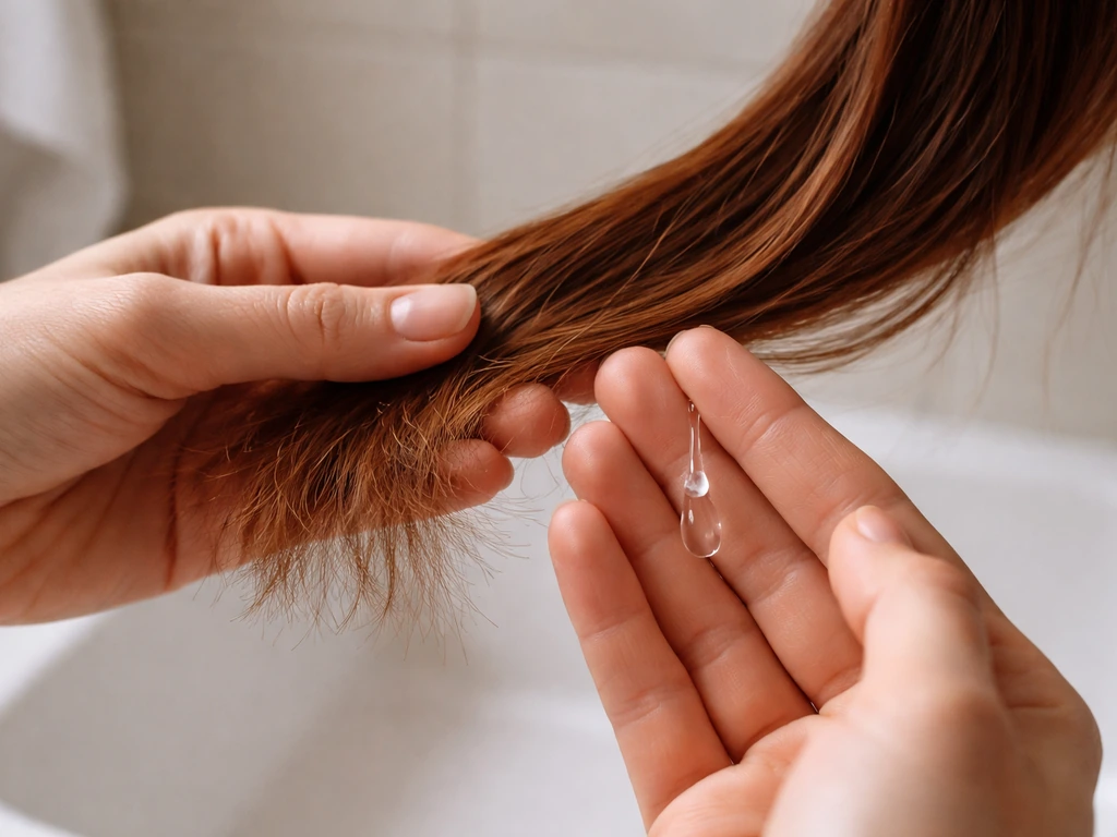 Close-up of hands gently detangling and smoothing the ends of colored hair with a drop of moisturizing serum.