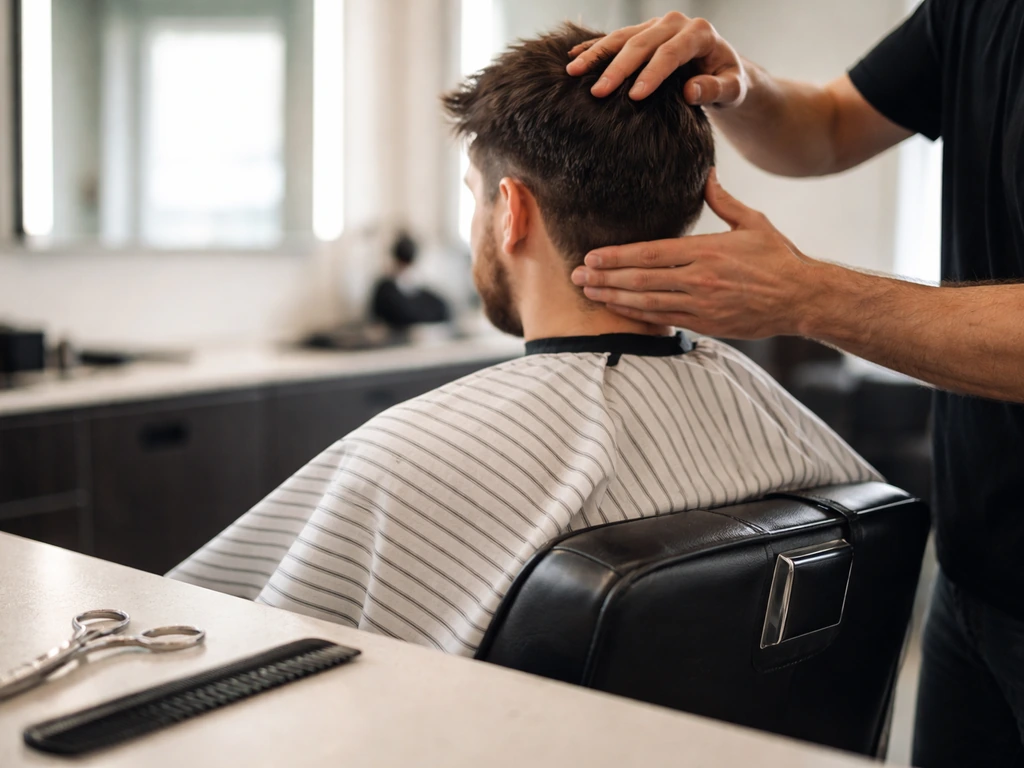 Barber and comb in view as the top hair section is lifted above the blend area, face out of frame.