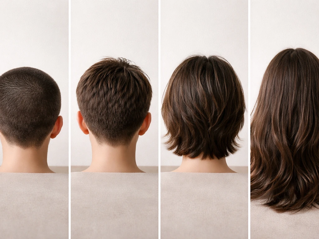 Side-by-side hair growth stages from very short to real length on a neutral background, no text.