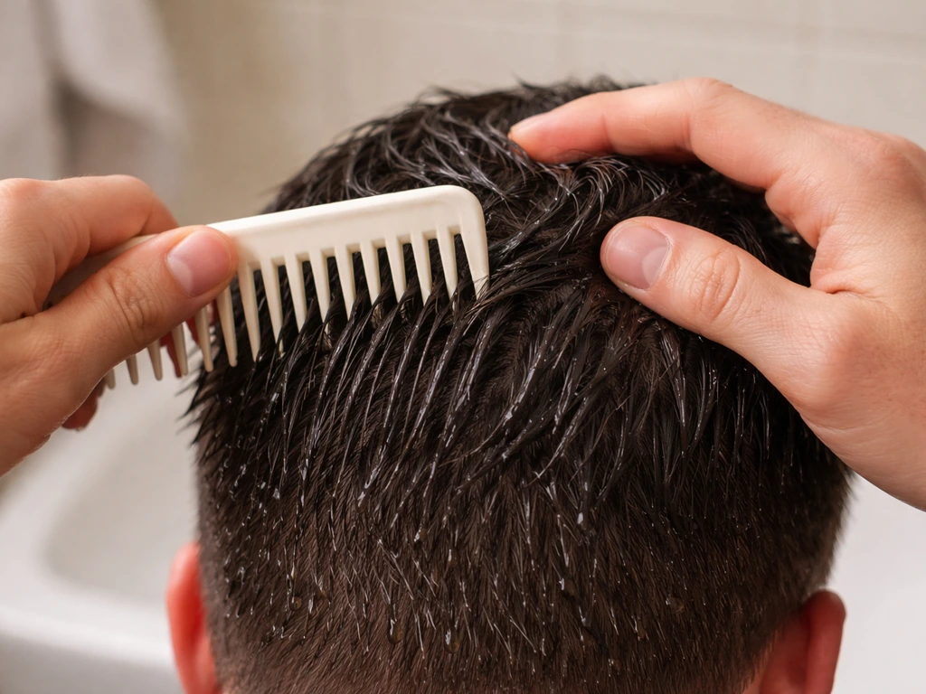Hands gently detangling short wet crown hair with a wide-tooth comb