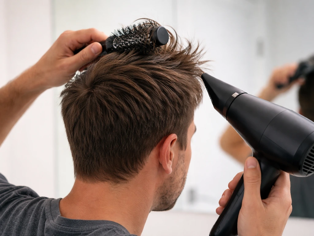 Person blow-drying and shaping hair with a nozzle and round brush for an awkward-middle length.