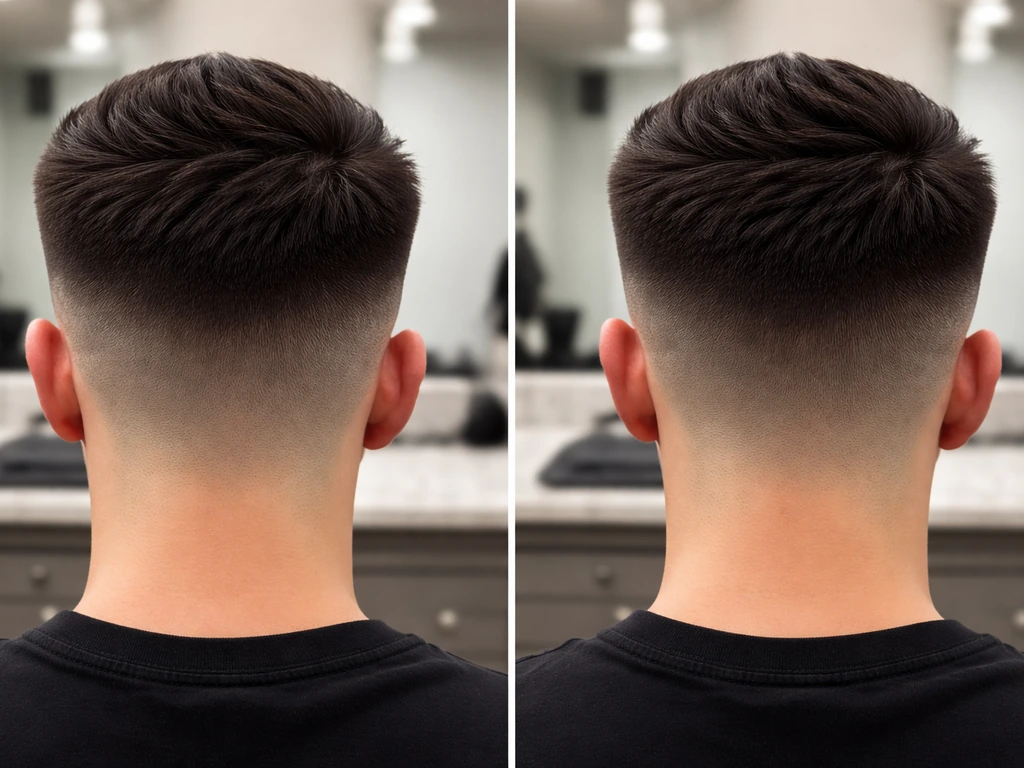 Two barber-style haircuts side-by-side showing an undercut disconnect versus a smoother faded blend.