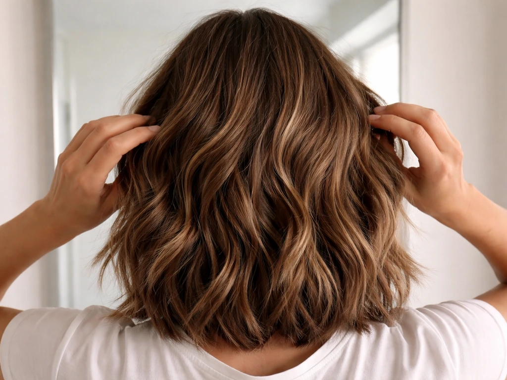 Close-up of hands styling an awkward-length lob at the shoulder with soft waves and shine.