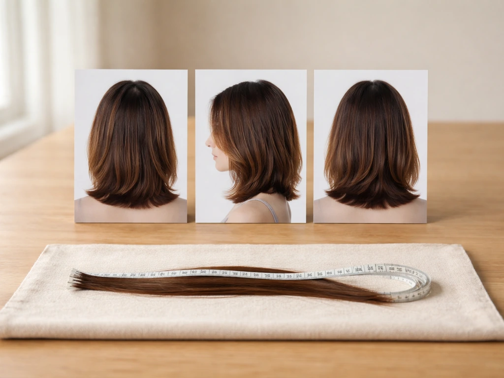 Side-by-side front/side/back hair grow-out references with a measuring tape marking shortest layer length.