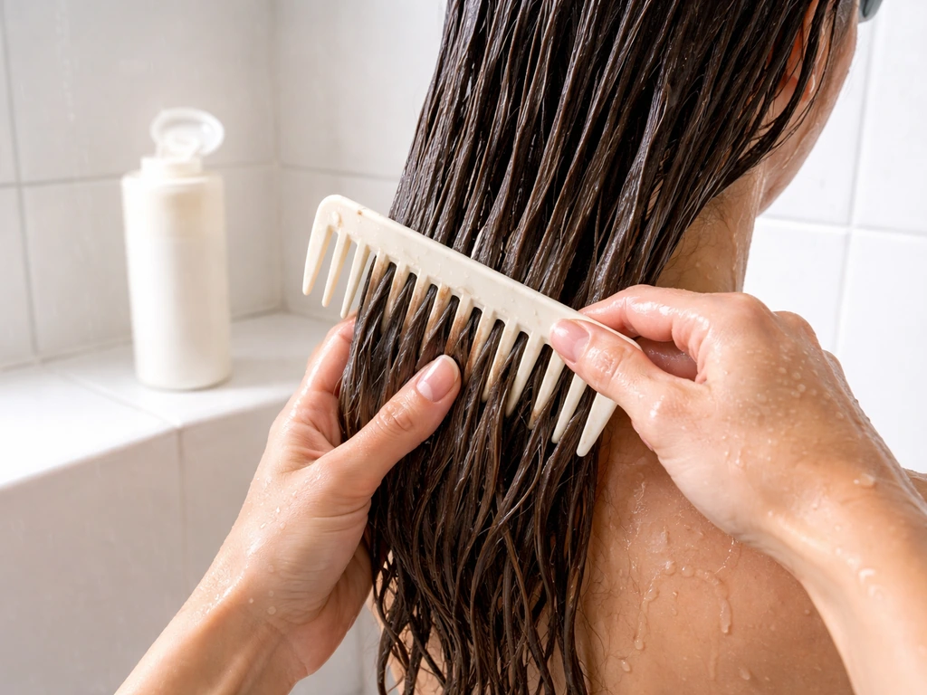 Hands detangling wet hair with a wide-tooth comb in the shower, conditioner nearby.
