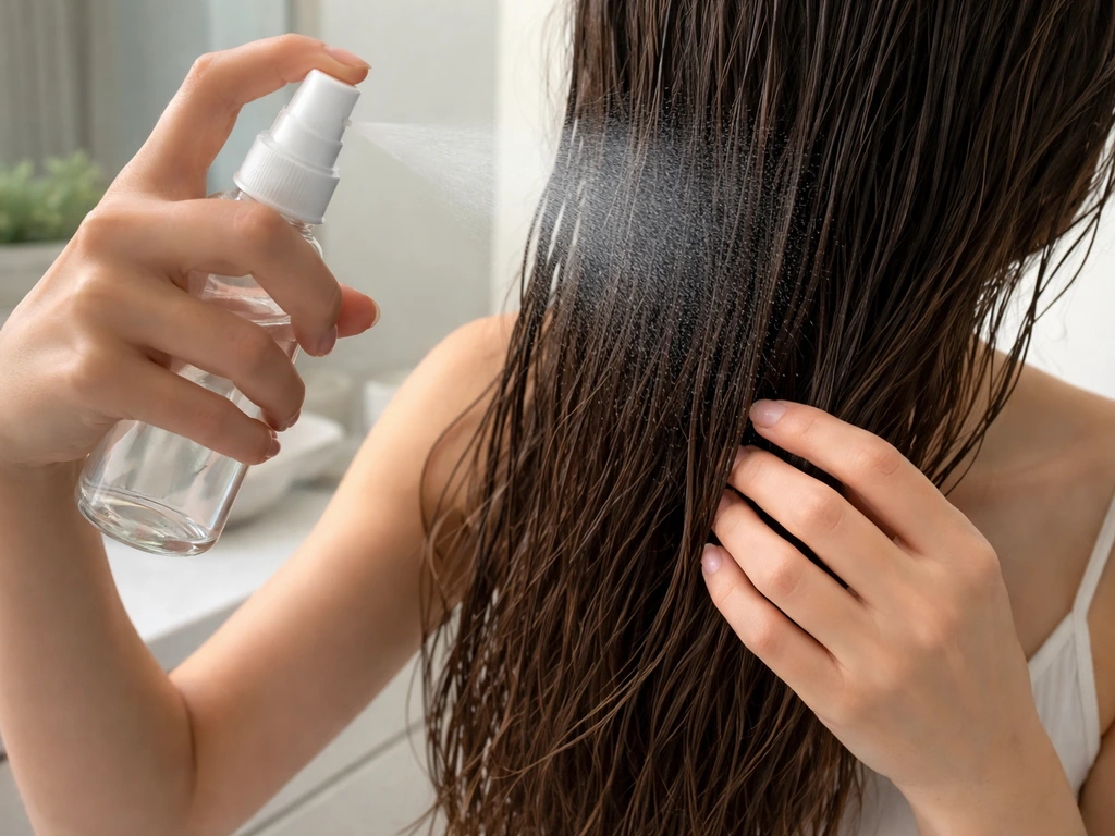 Hands misting heat protectant on damp hair in a bright bathroom before blow-drying.