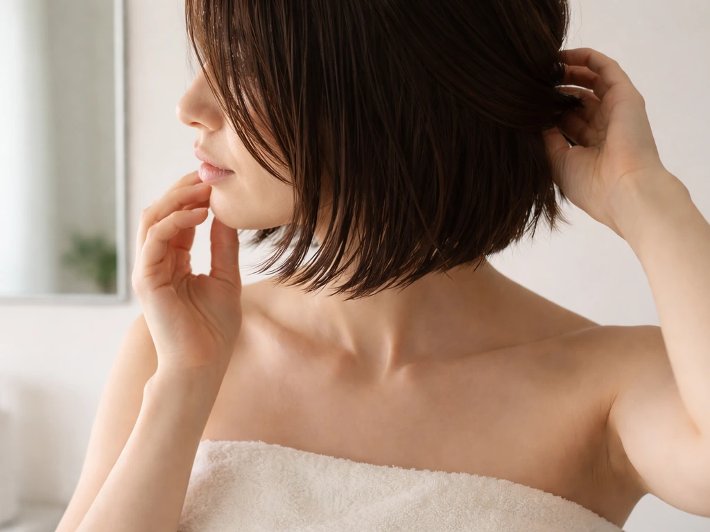 Anonymous person styling a lob in damp hair, front smoothed at the jaw and back lifted near the shoulders.