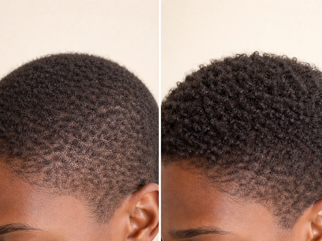 Side-by-side close-ups of very short TWA hair vs slightly longer short natural hair on neutral background.