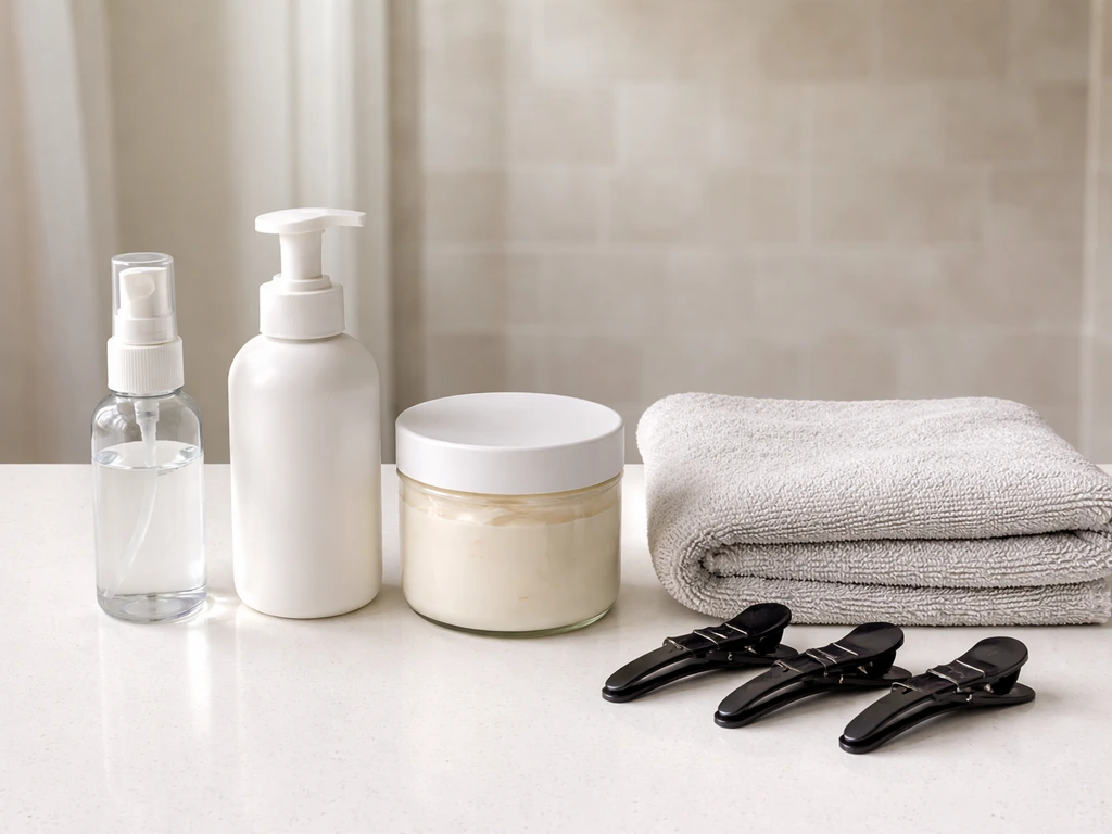 TWA wash day essentials neatly laid out on a bathroom counter: sprayer, cleanser, cream, towel, clips.