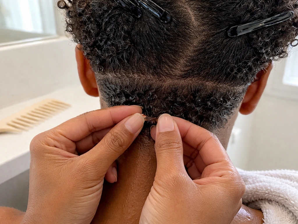 Damp very short natural hair being gently detangled with fingers and a wide-tooth comb.