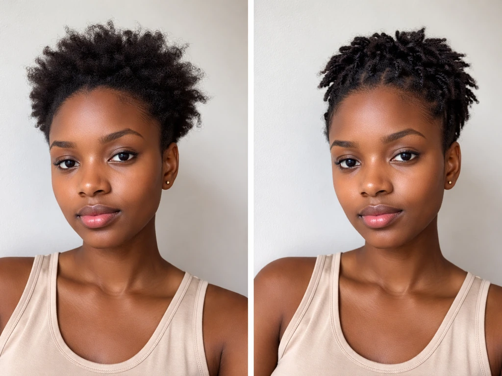 Model with very short TWA showing puff and mini-twist styling against a simple neutral background.