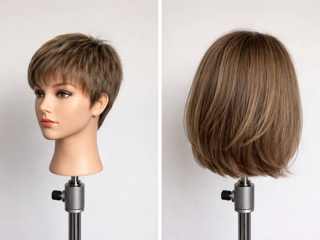 Mannequin head split into short pixie-to-lob stages showing smooth grow-out transition.