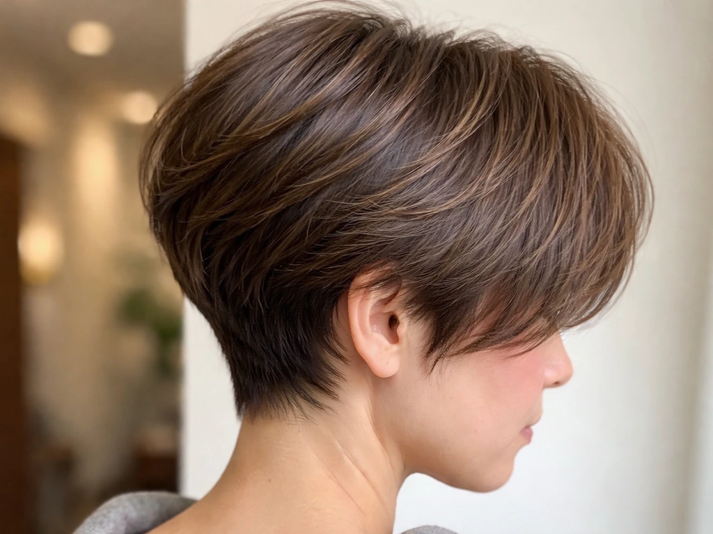 Close-up of a pixie haircut showing soft layered top and a tapered neckline