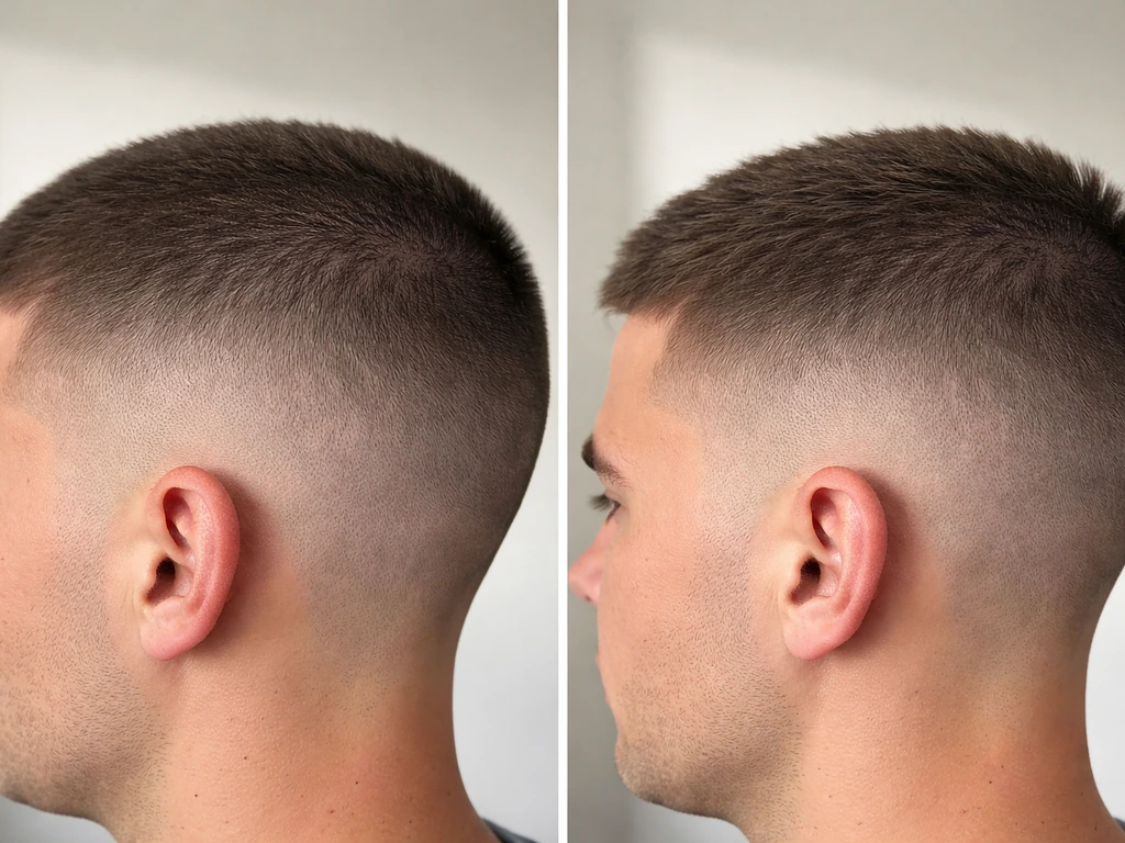 Close-up of a clean buzz-taper haircut growing out with evenly blended sides and short stubble to longer growth.