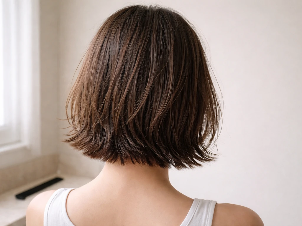 Back view of a person’s hair as a bob grows into a lob, neckline shape neat and manageable