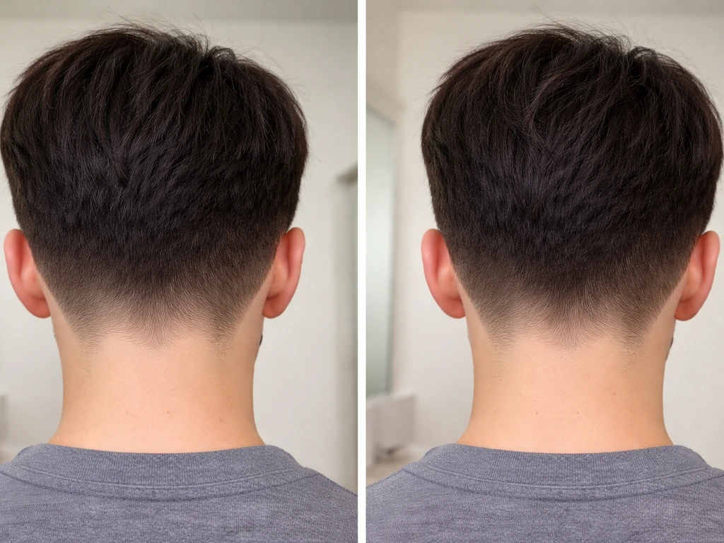 Two-panel hair grow-out comparison: sharp neckline vs softened perimeter after a strategic trim.