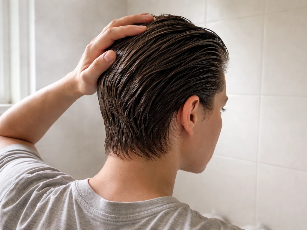Person with in-progress slicked-back hair, wet sheen, simple bathroom mirror setup.