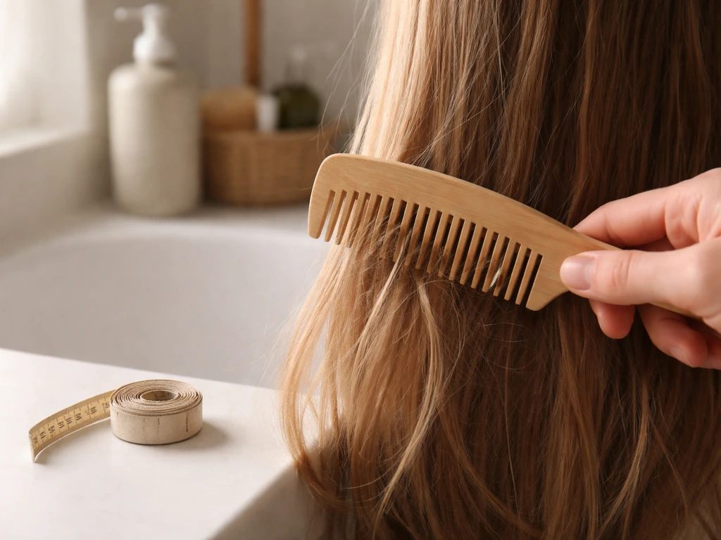 Close-up of a comb brushing hair with a measuring tape on a bathroom counter, minimal and natural light.