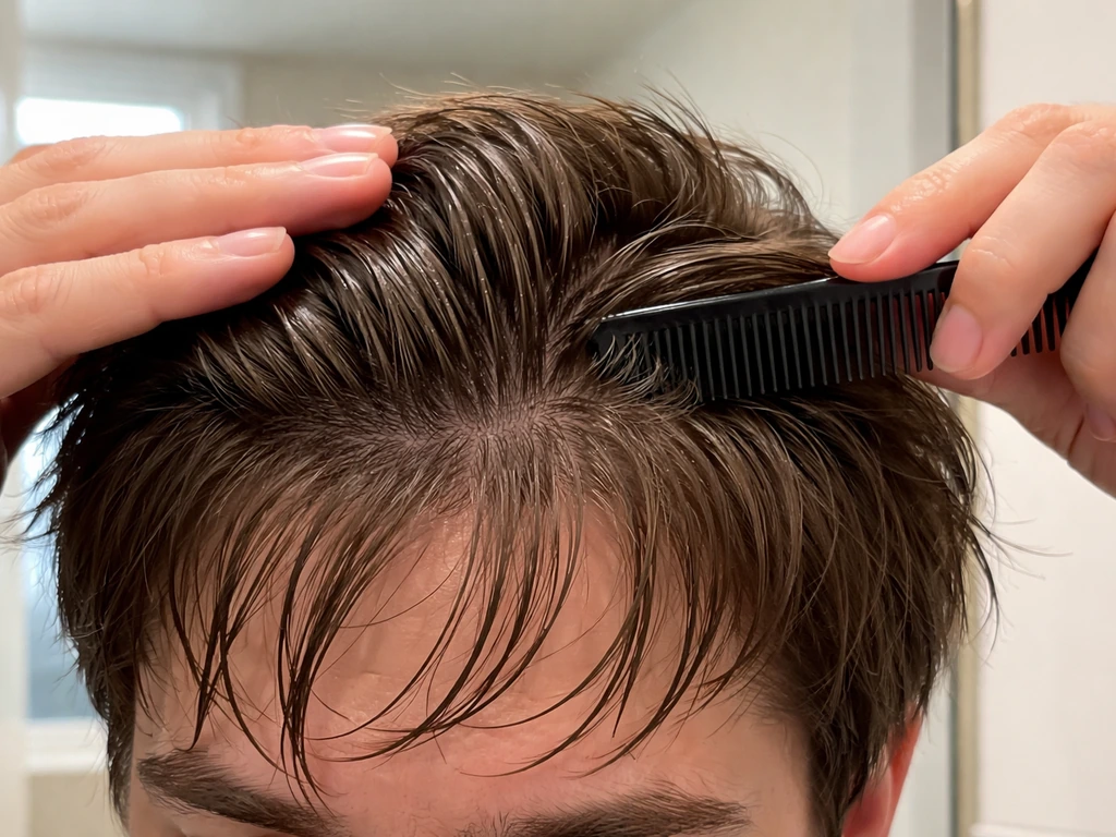 Close-up of hands styling hair with product in bangs, combing back to reveal stubborn strands