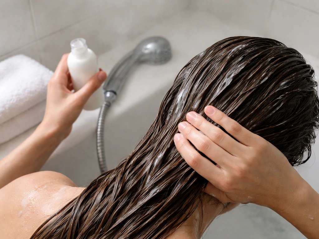 Hands applying conditioner to wet hair beside a folded towel in a clean bathroom.