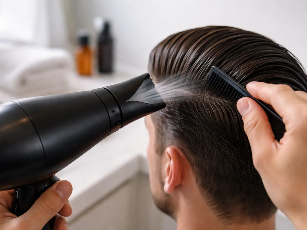 Close-up of a blow dryer with concentrator nozzle directing airflow as hair is combed slick-back.