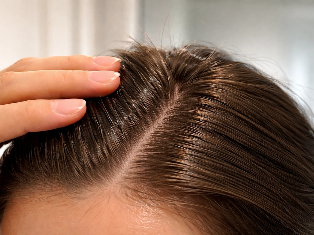 Close-up of hairline and crown as styling gel smooths flyaways and a cowlick into place.