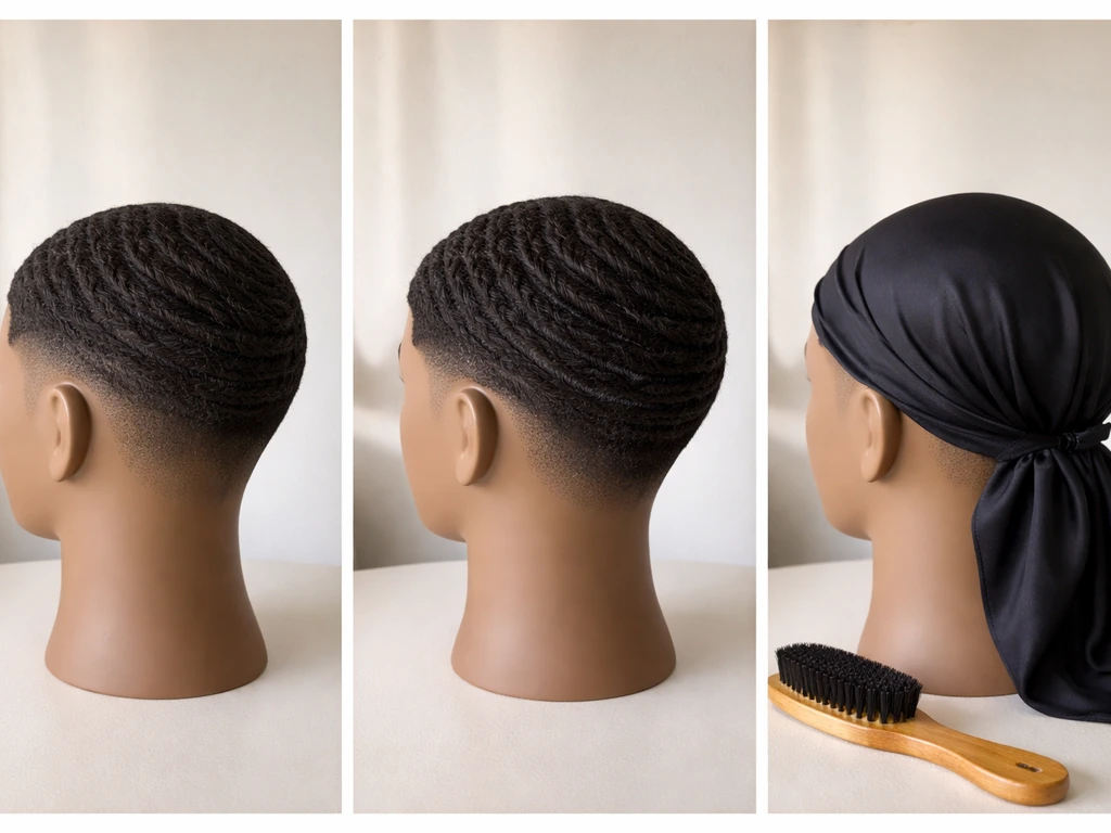 Three side-by-side views showing wave-friendly haircut, longer wave pattern, and satin protection/maintenance.