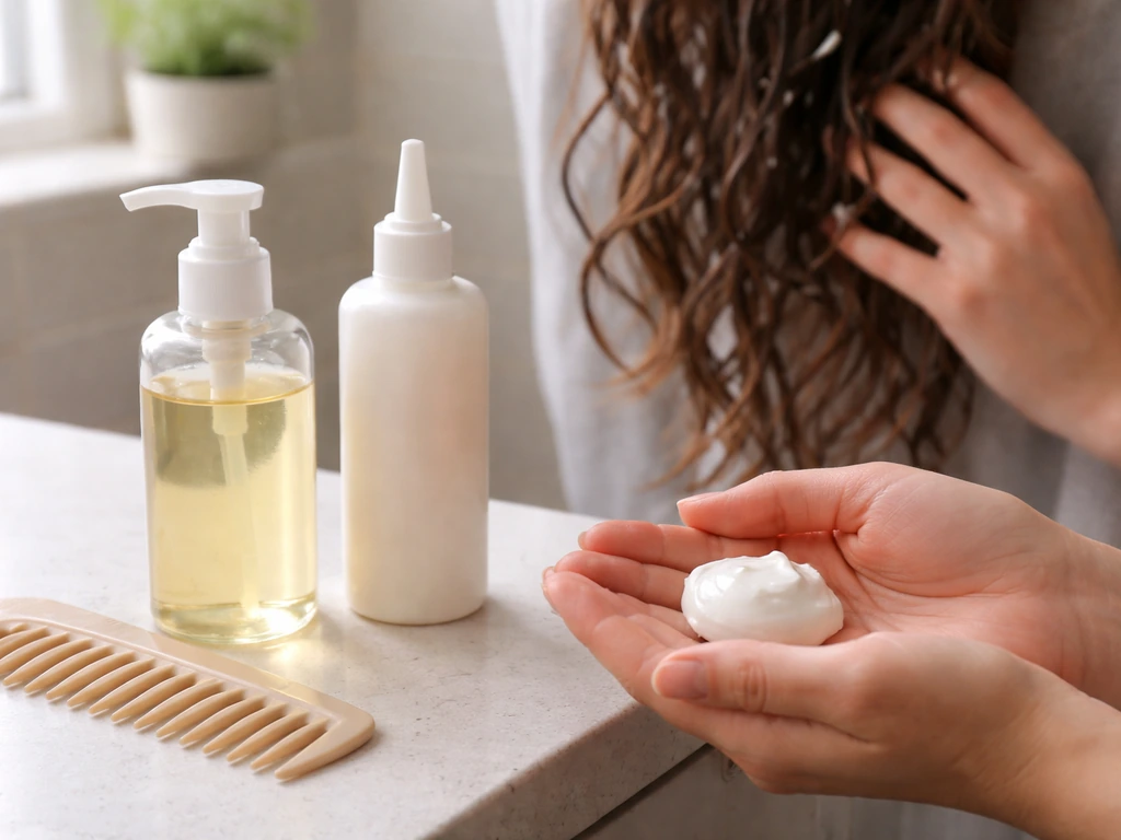 Minimal wash-day counter scene with hands holding conditioner and damp wavy hair product being worked in