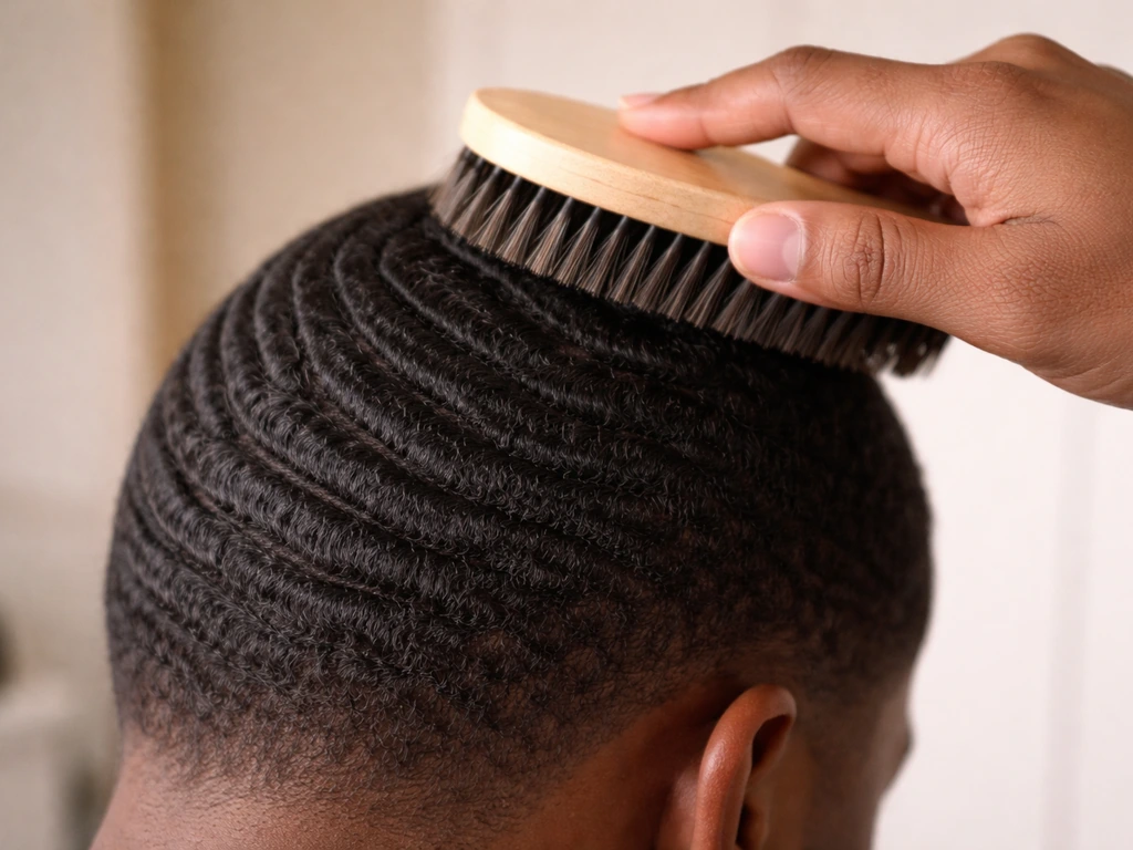 Hands brushing a man’s wave-pattern hair in sections with a wave brush, minimal natural light scene