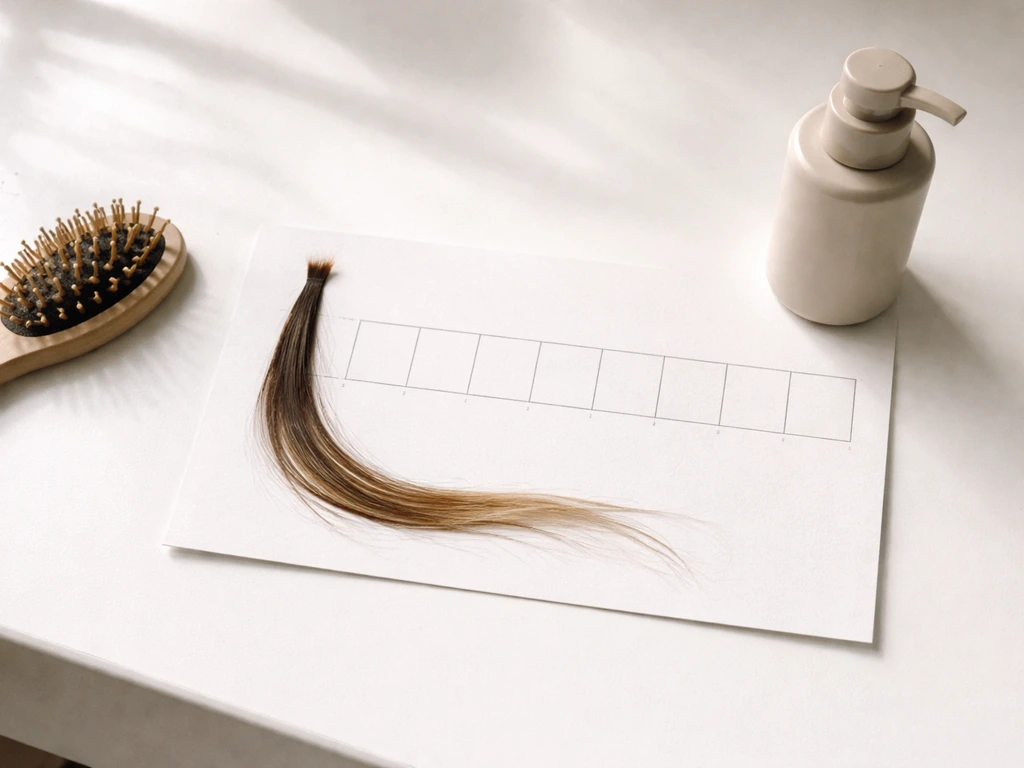 Minimal flat lay of hair-care items and a calendar-style timeline card with hair growth stages shown visually.
