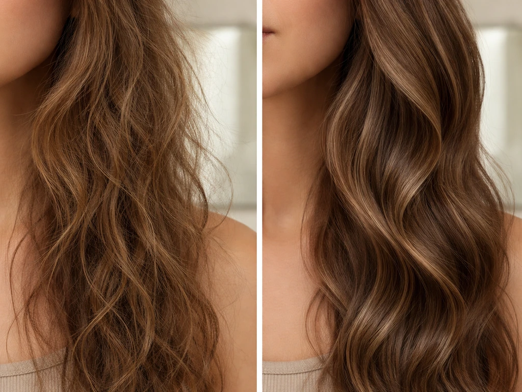 Close-up of anonymous hair showing left frizz and right smoother, more defined waves.