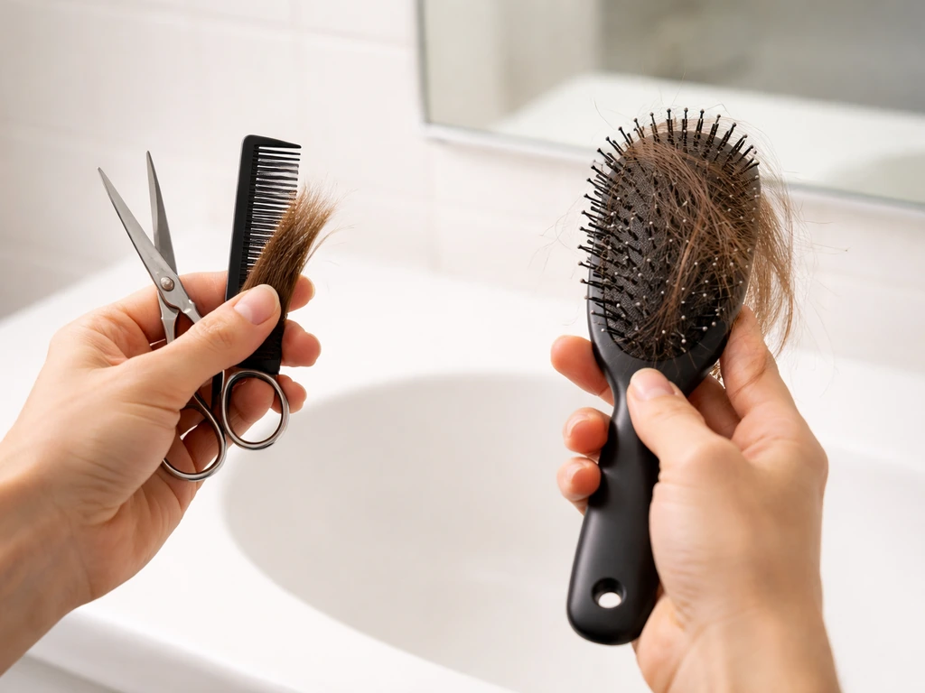 Hands holding scissors and comb beside a hairbrush with longer hair visible as a growth cue