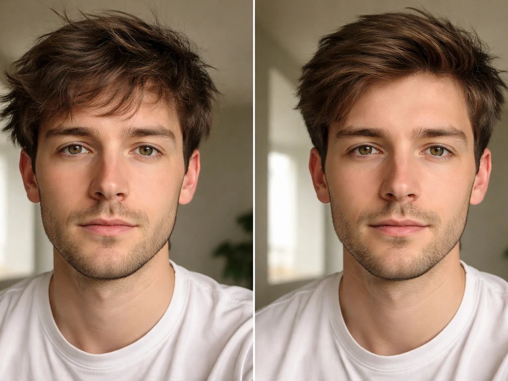 Front view close-up of two stages of hair grow-out: awkward early and slightly longer, manageable look.