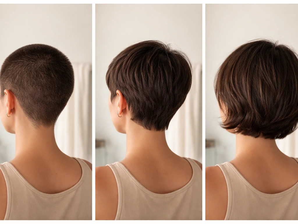 Three-panel hair growth timeline showing buzz to pixie to short bob length, neutral bathroom backdrop.