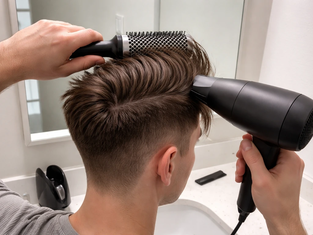 Hands blow-dry and brush hair at a bathroom mirror while a faded undercut line blends into longer hair.