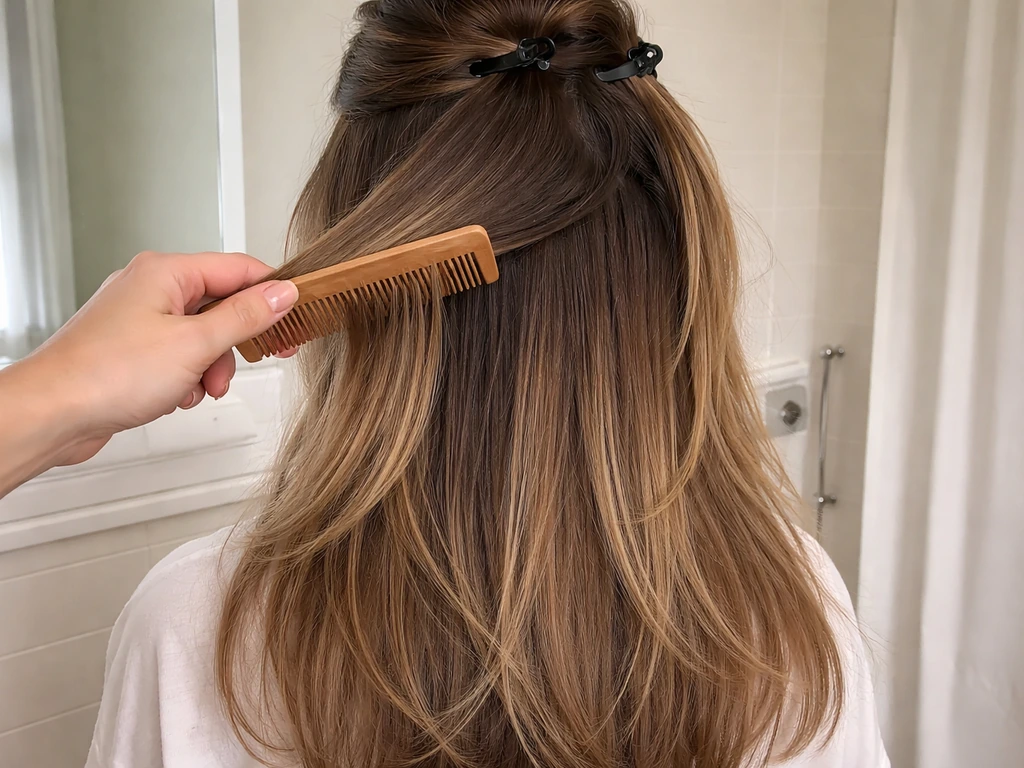 Hairstylist combs sectioned hair while layered ends form a triangle/pyramid silhouette.